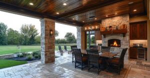 Covered outdoor patio with stone columns, a wooden ceiling, and recessed lighting. Features a large dining table, a fireplace with a mantel, and a view of a landscaped yard with trees and lounge chairs.